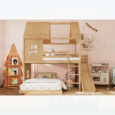 Lit superposé double au-dessus de double avec échelles, glissières et rangement, conception de maisonnette pour enfants, finition en bois naturel