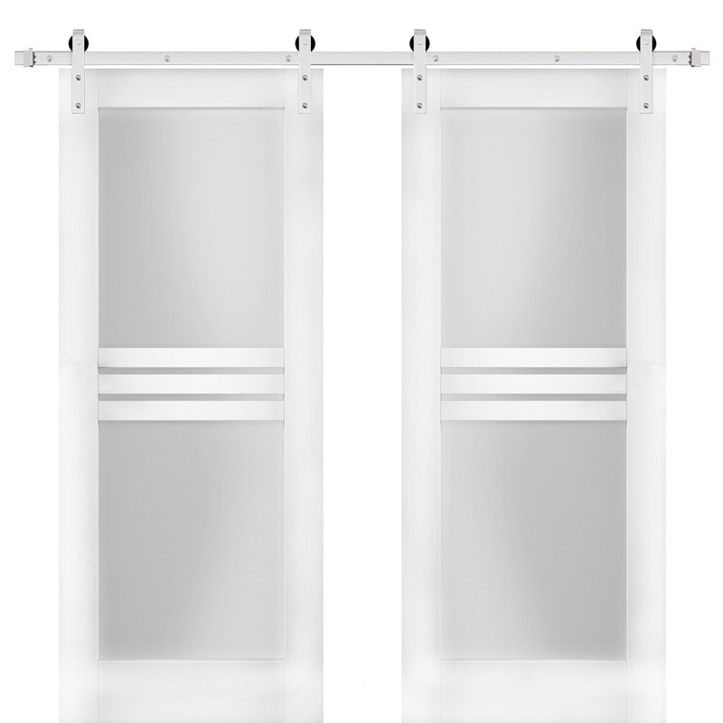 Mela Frosted Glass Barn White Doors with Installation Hardware Kit, 60" x 80", Silver