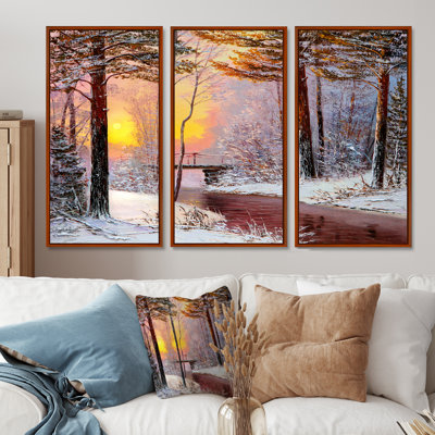 «Christmas Forest With River and Trees IV», peinture sur toile flottante 3 pièces