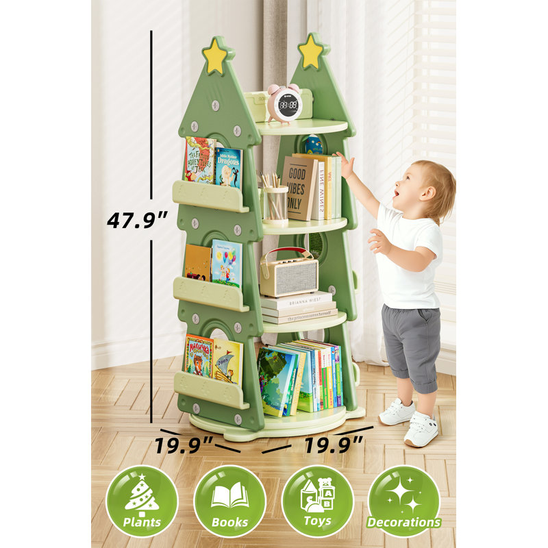 4 Tier Kids Rotating Bookshelf, 360°display Spinning Bookshelf Tower, Floor Standing Bookcase, Green