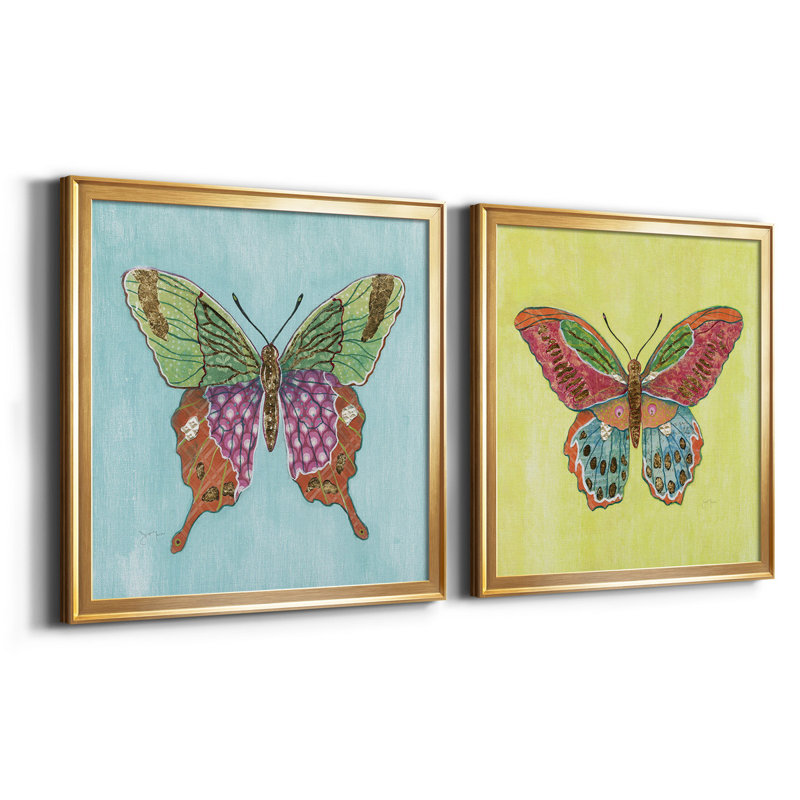 «Butterfly On Blue», reproduction de cadre photo sur toile 2 pièces, Or, H 34,5 po x l 69 po x P 1,5 po