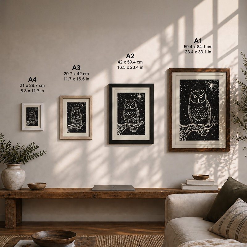 Nocturnal Owl Japandi - Framed Print, A1 - 84.1 x 59.4 cm, Black