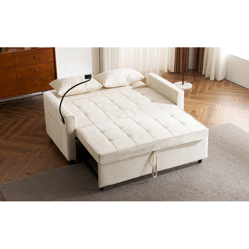 Canapé-lit 56,9 po avec canapé-lit escamotable avec coussin de dossier réversible, poches latérales, deux ports USB et support pour téléphone dans le salon
