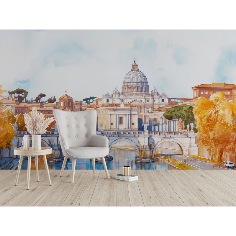 Murale Basilique Saint-Pierre de Rome - Aquarelle, papier peint pont et rivière Vn924 (Peel-N-Stick) VN924, Peler et coller