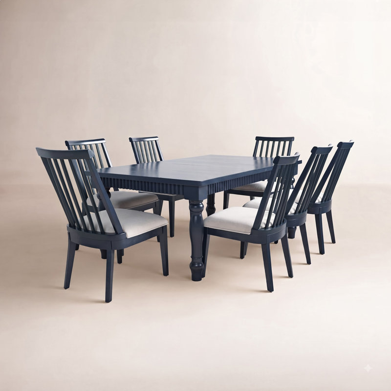 Pearce Modern Farmhouse Seven Piece Extension Dining Set With Dowelback Chairs - Navy, 7 Pieces: Table, 6 Chairs, Navy