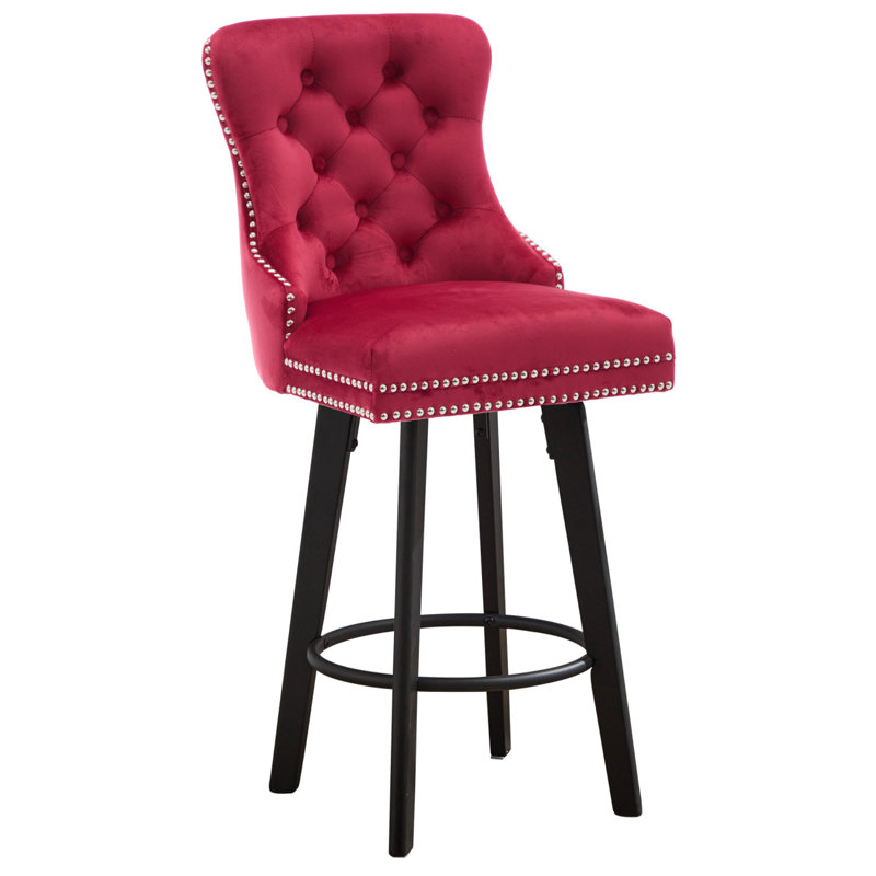 Tabourets de bar modernes en velours avec capitonnage et anneau en métal, idéal pour un îlot de cuisine et un bar, Rouge