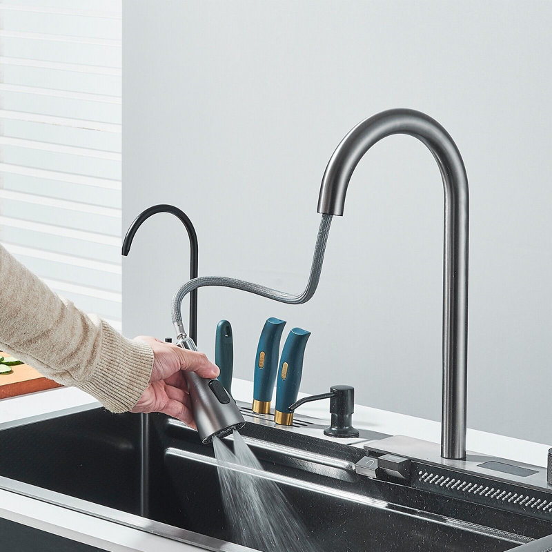 Gun Grey Digital Display Stainless Steel Single Bowl Drop In Kitchen Sink