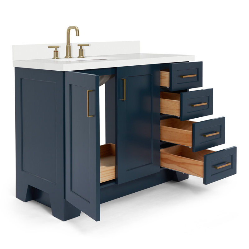 Freitas 42'' Solid Wood Single Bathroom Vanity with 1.5'' White Quartz Top, Left Offset Rectangular Sink, Midnight Blue