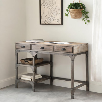 Rectangular Writing Desk with 3 Drawers in Oak and Silver Finish for Home Office