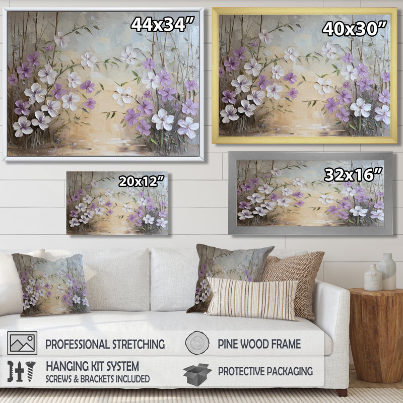 Minimalist Lavender Horizon - Lavande, art mural, Argent argent, Cadre flottant, H 24 po x l 32 po