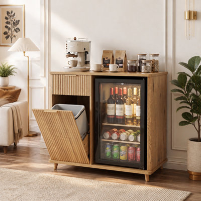 Fluted Coffee Bar Cabinet with Mini Fridge Space and Charging Station