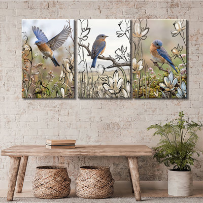 Croquis floral Eastern Bluebird - ensemble de 3 impressions sur toiles tendues de qualité supérieure