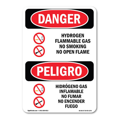 Hydrogen Flammable Gas No Smoking Bilingual Plastic Sign 14" X 10"
