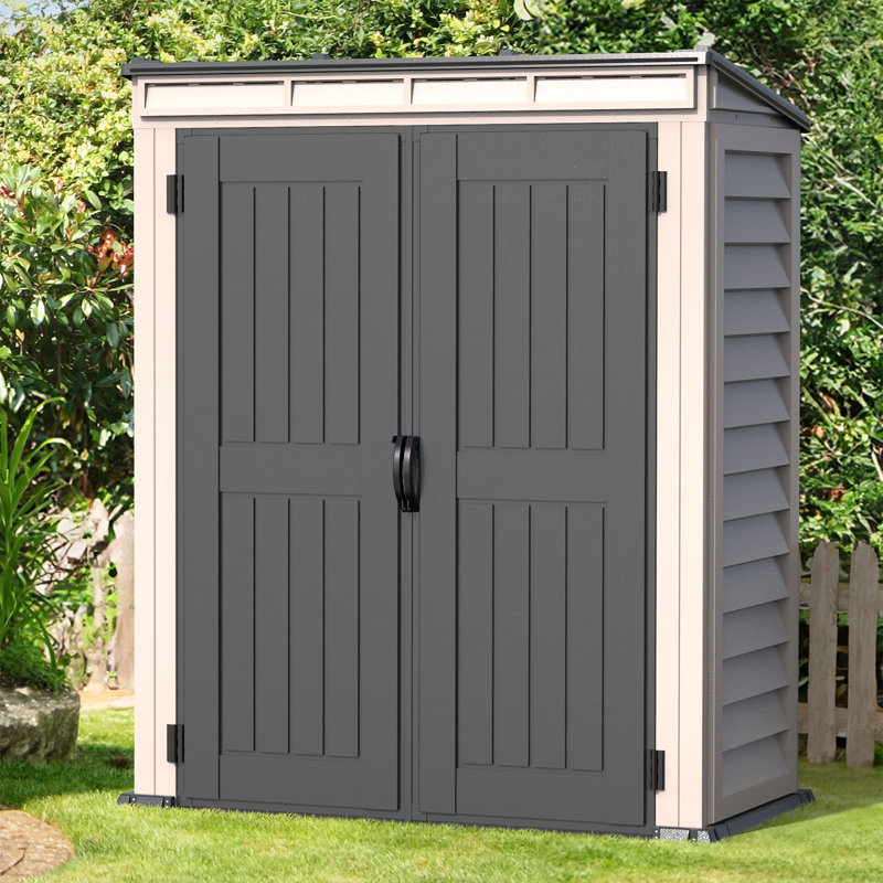 Gray Vinyl Lean-To Storage Shed with Shelving and Windows