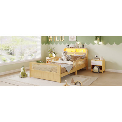 Twin Rattan Bed Frame With LED Lights And Storage Headboard, Twin Size Platform Bed With Safety Guardrails For Kids,(Expect Arrival Date 2026/5/25)