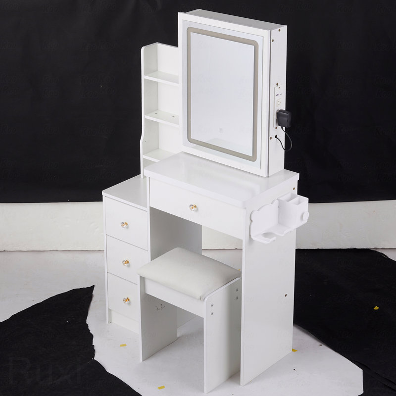 29.2" Small Size Left Bedside Cabinet Vanity Table + Cushioned Stool, 2 Ac+2 Usb Power Station, Hair Dryer Bracket, Extra Large Touch Control Sliding Led Mirror, Tri-Color Switching, Brightness Adjust