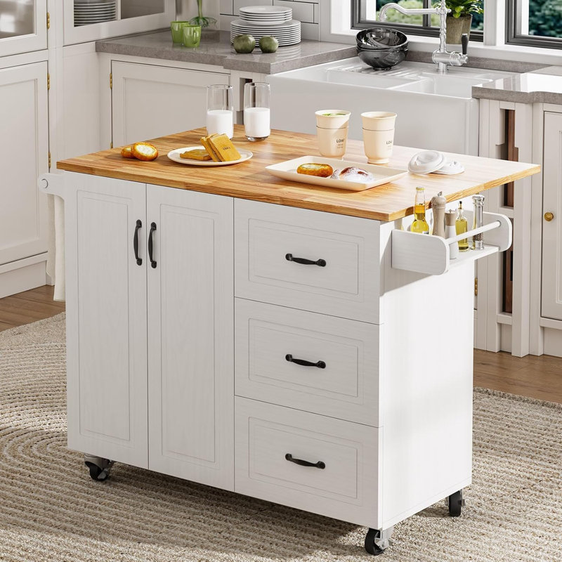 43" Rolling Kitchen Island with Storage and Drop Leaf