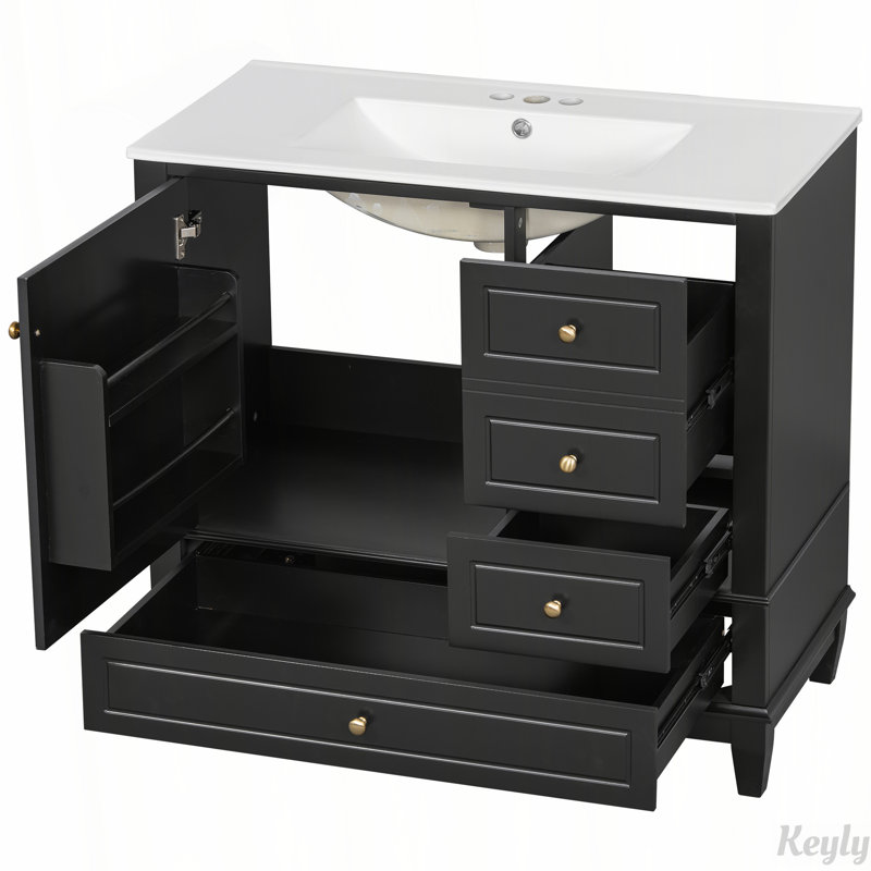 Meuble-lavabo 36 po avec lavabo en céramique, 3 tiroirs et armoire avec tablettes, Noir et or