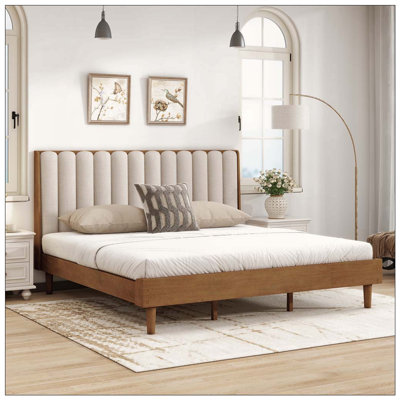 Wood Bed with Piano Key Style Upholstered Headboard , Wood Bed with Strengthened Bed Frame