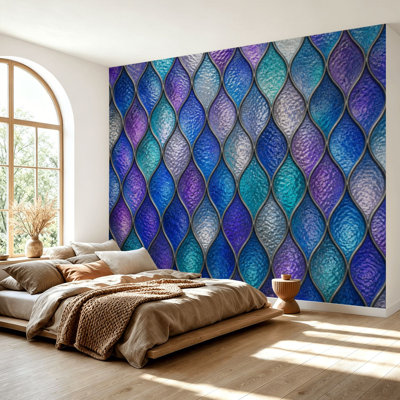 Wall Mural Peel and Stick Wallpaper Stained glass seamless geometric for window colored glass fish scales Self-Adhesive Removable Contact Paper Wall Decor for Living Room Bedroom 69"H x 96"W