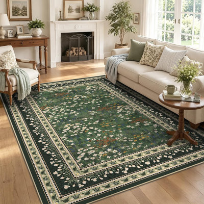 Floral Vintage Machine Washable Area Rug - Soft Non-Slip Low Pile Botanical Carpet