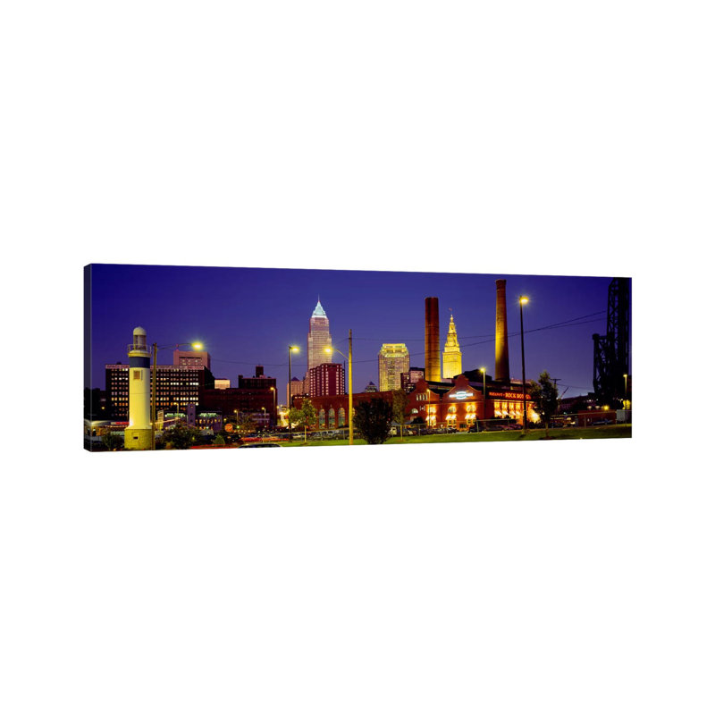 Buildings Lit Up At Night, Cleveland, Ohio, USA - Wrapped Canvas Panoramic Print, 121.92 cm H x 40.64 cm W x 3.175 cm D