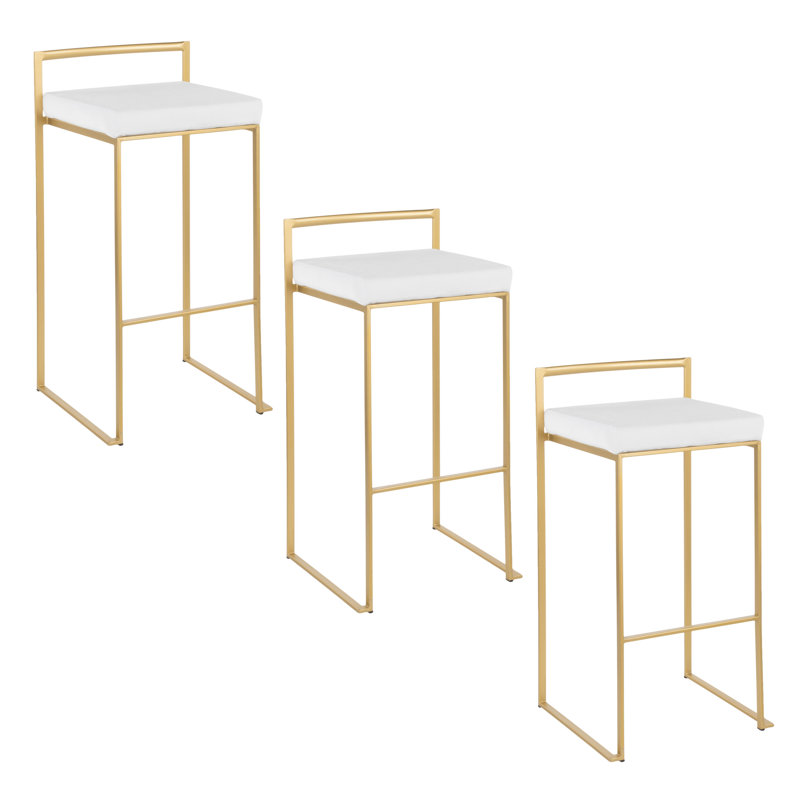 Ernestine Upholstered Stackable Bar & Counter Stool (Set of 3), White Velvet/Gold, Bar Stool (30" Seat Height)