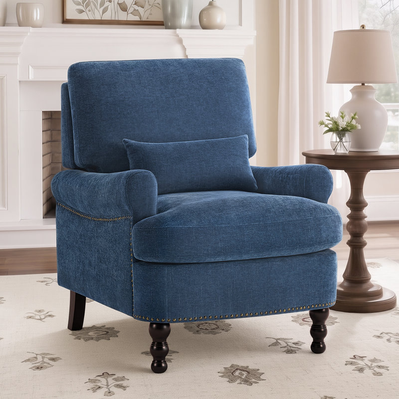 Fauteuil rembourré en lin de 81 cm de large avec accoudoirs arrondis et coussin lombaire, idéal pour le salon, la chambre ou le bureau à domicile.