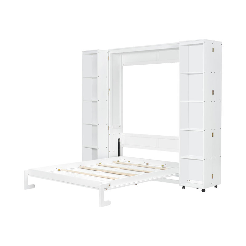 Grand lit, finition blanche, peu encombrant grâce aux armoires pliables, s'adapte à toutes les couleurs de décors, capacité de poids du lit escamotable