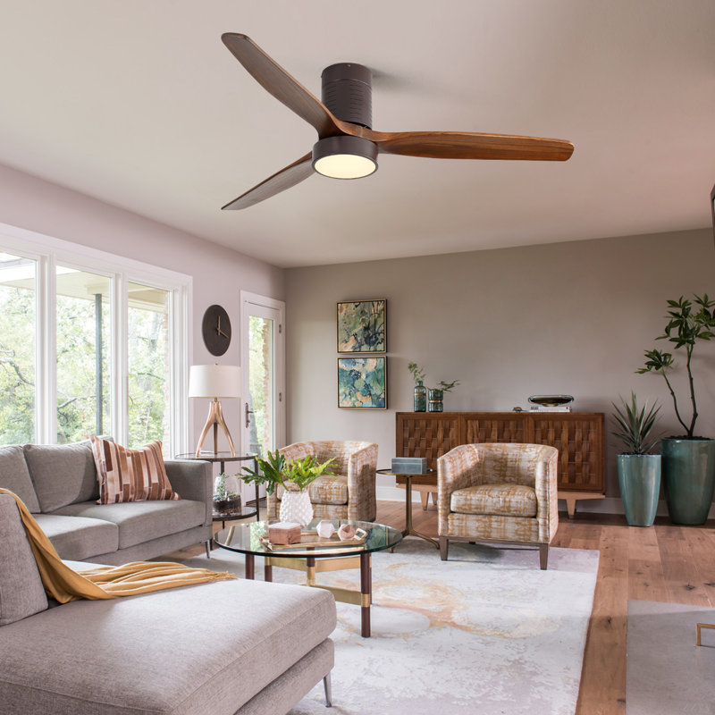 52 Inch Flush Mount Ceiling Fan With LED Light And Remote Control Solid Wood Blades