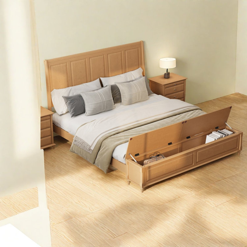 Lit King avec banc de rangement, cadre traîneau en bois massif, chambre à coucher moderne et rustique