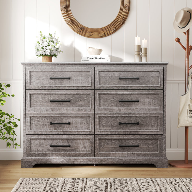 Farmhouse 8 Drawers Dresser Chests For Bedroom,52" Wide Wood Rustic Chest Of Drawers With Metal Handle,Natural Texture, Gray