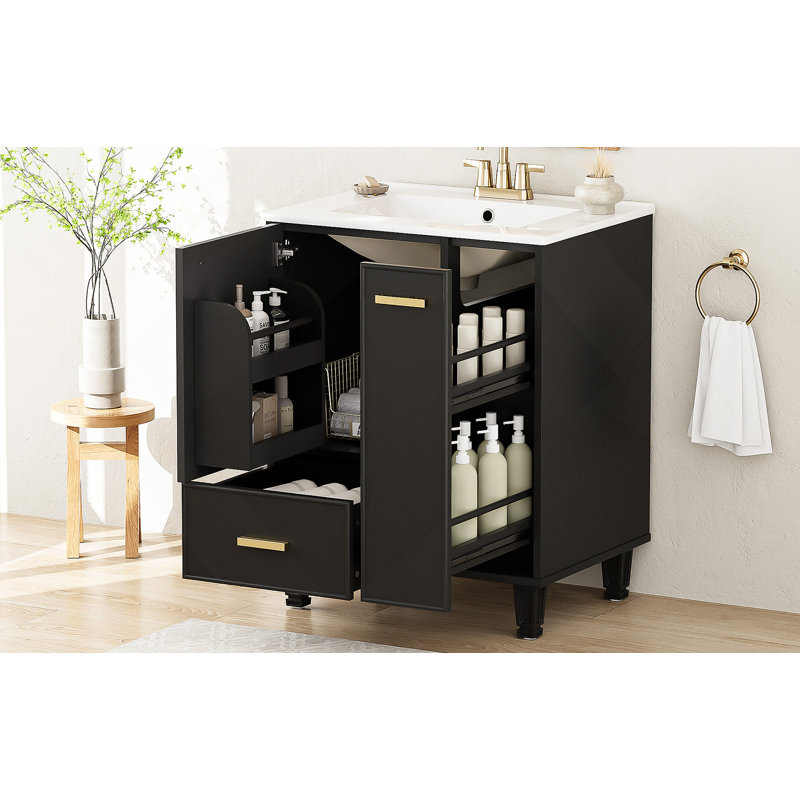 Meuble-lavabo de salle de bain avec lavabo, armoire avec tablette de porte, tiroir profond, panier coulissant, cadre solide et planches de qualité pour un rangement pratique