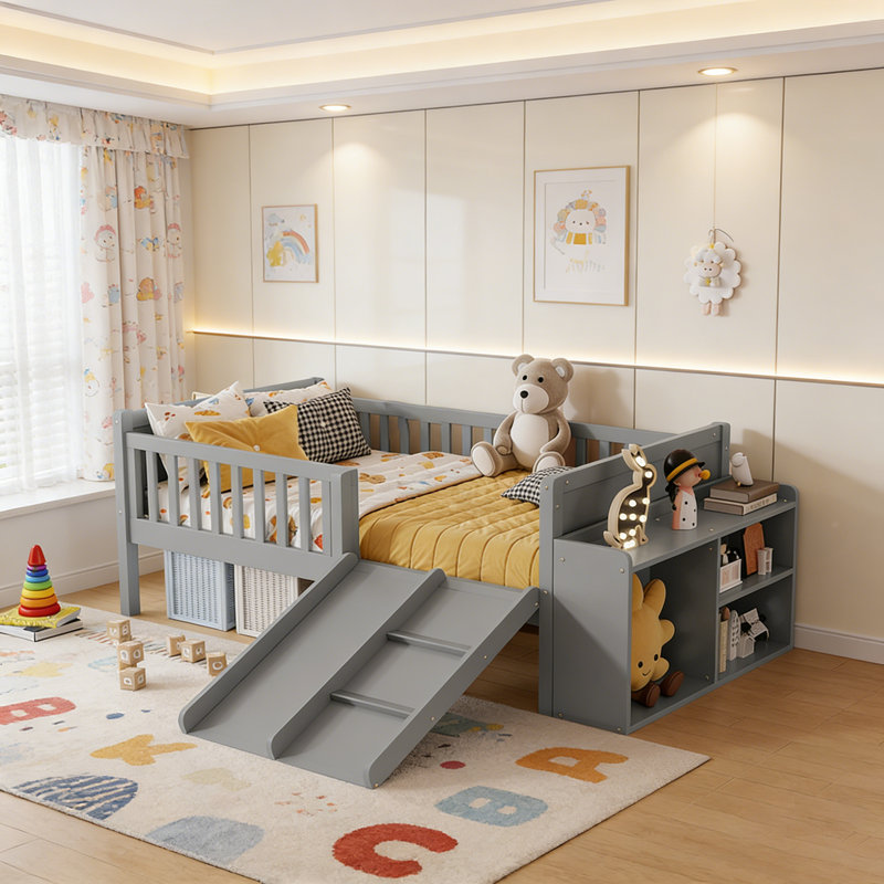 Low Loft Bed For Kids With Slide, Movable Bookshelf Storage, And Guardrails, Ideal For Fun And Safety In Small Spaces, Gray