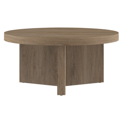 32" Wide Round Coffee Table with Fluted Base — Antiqued Gray Oak Scandinavian MDF Center Table for Living Room | Holm