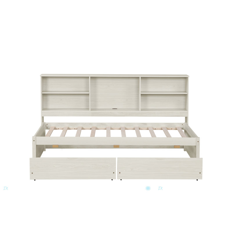 Bed Frame With Side Bookshelves, Two Drawers, And Built-In USB Port