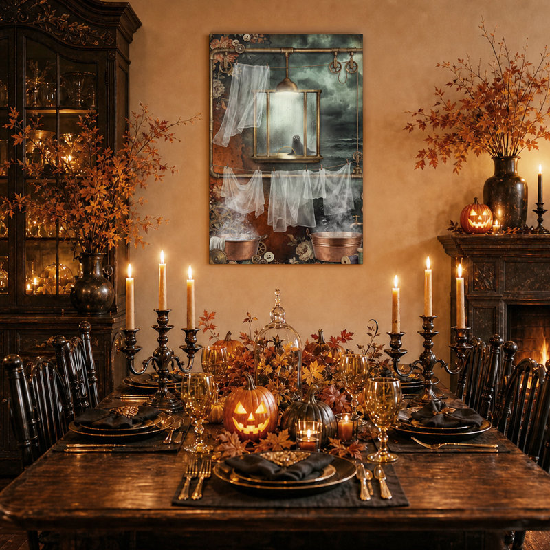 Baignoires en cuivre et linge suspendu dans une toile murale steampunk d'Halloween, 48"H x 36"W
