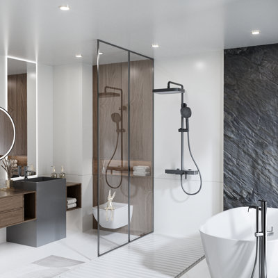 Système de douche mural à 3 fonctions avec pomme de douche carrée, douchette réglable et douchette, noir mat