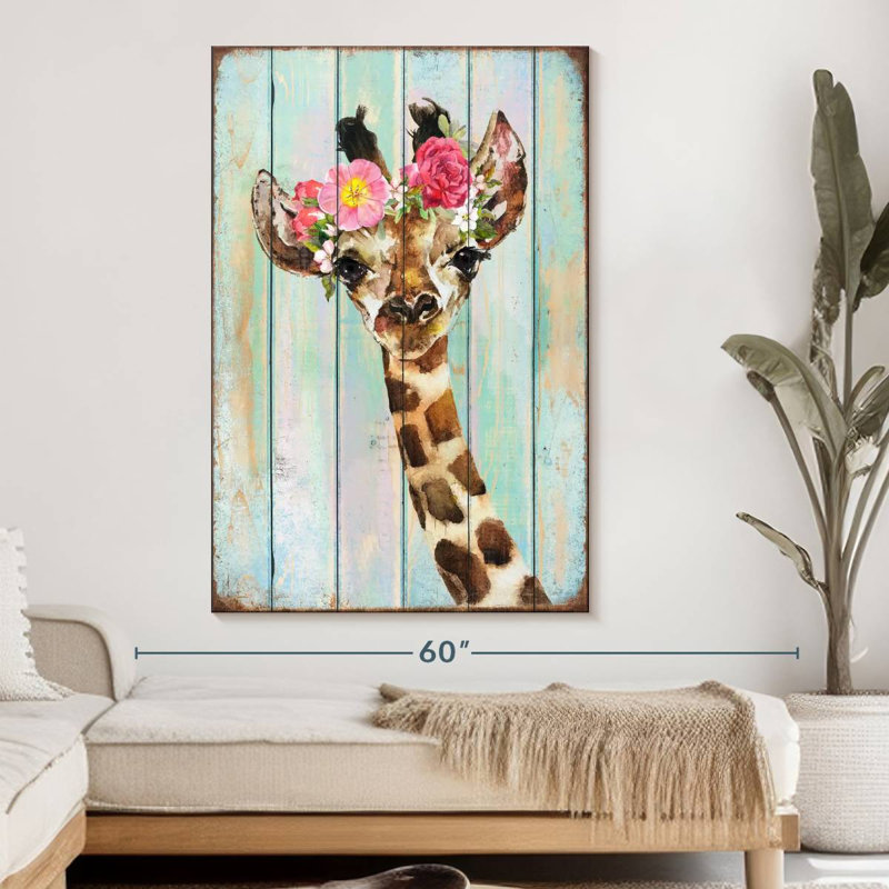 Couronne florale de girafe grunge sur toile, H 51 po x l 34 po x P 1,25 po