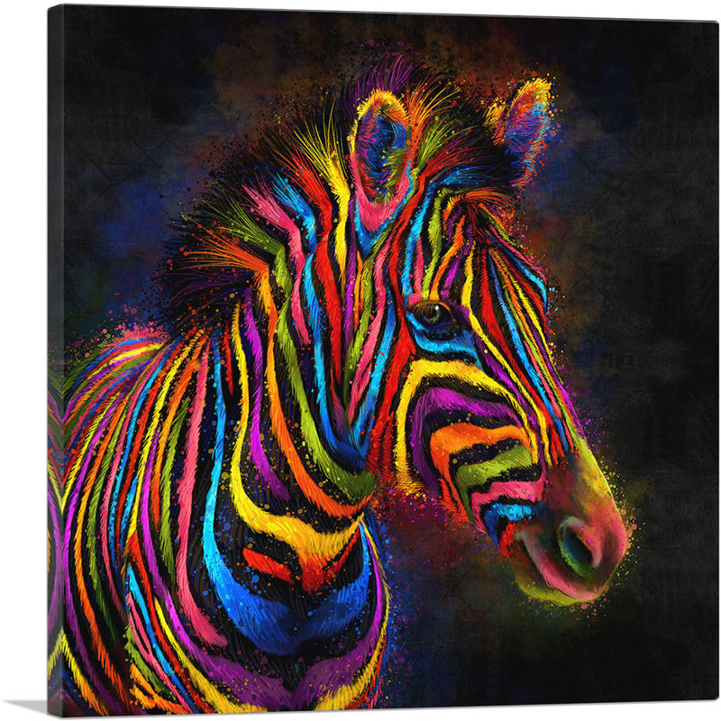 Zèbre aux rayures colorées - reproduction d'art sur toile tendue, H 12 po x l 12 po x P 1,5 po