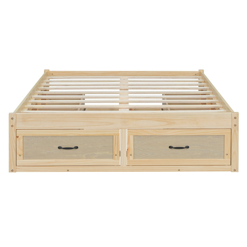Lit plateforme double avec 6 tiroirs de rangement, lit plateforme de rangement naturel antique et peu encombrant, Naturel