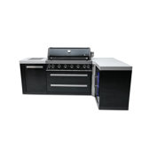 Mont Alpi 6-Burner 90 Degree Black Stainless Steel Island Barbecue Gas Grill + Compact Refrigerator