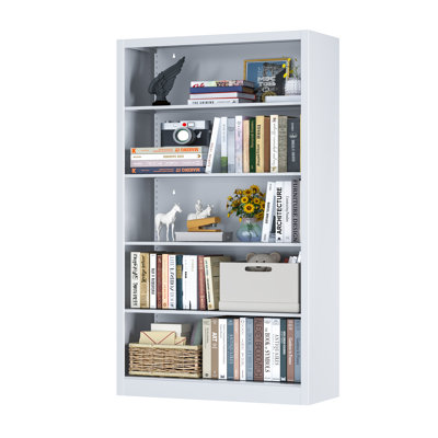 Bookcase,5 Tier White Bookshelves,55" Tall Free Standing Metal Bookcase with Adjustable Storage Shelves, Industrial Wide Bookshelf for Bedroom Living Room Home Office School (White)