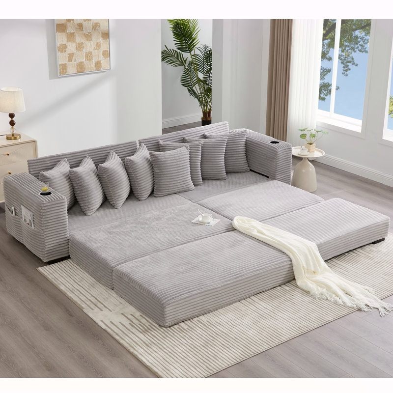 Canapé modulaire en L de 110,75 po, canapé modulaire en velours côtelé, avec porte-gobelet mobile, porte-gobelets, 8 coussins décoratifs, poche latérale, déplier dans un lit, gris clair