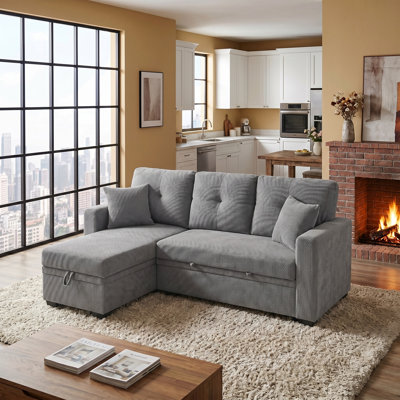 Sleeper Sofa Sectional with Pull-Out Bed, Reversible Chaise & Storage, Breathable Fabric, Small Space L‑Shaped Convertible Sofa Bed for Living Room