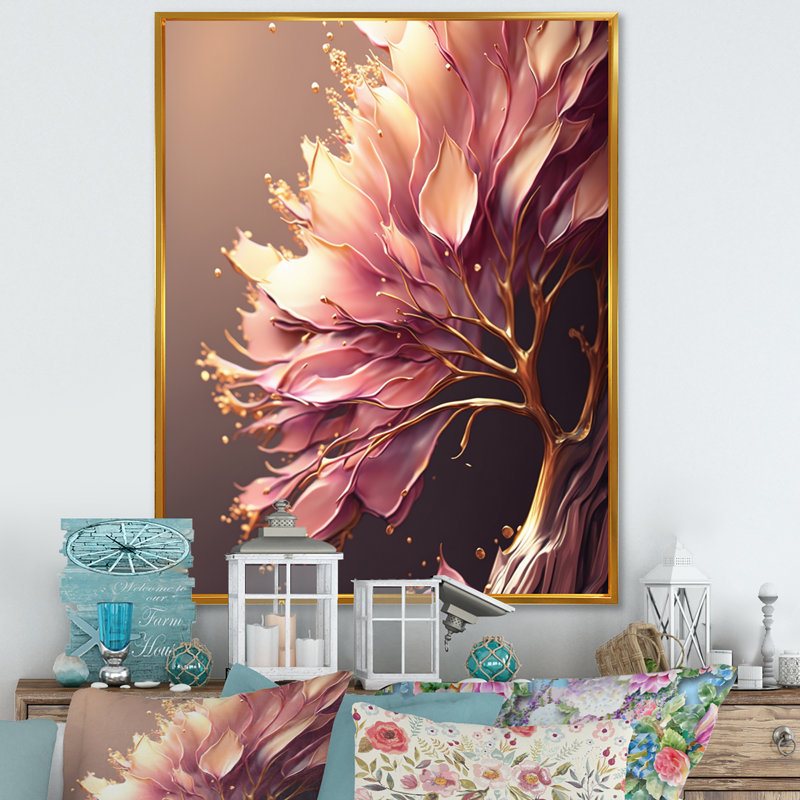 Abstrait rose et feuilles dorées IV - Impression sur toile, H 32 po x l 16 po x P 1 po, Cadre flottant doré