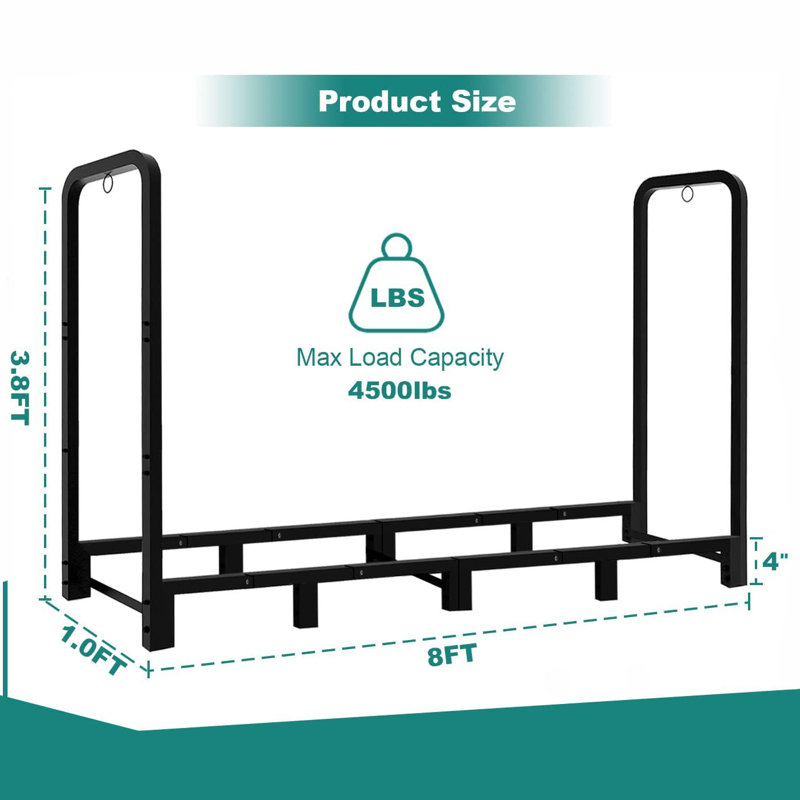 Rangement intérieur pour bûches, support à bûches réglable de 2,4 m pour foyer extérieur - Support robuste pour bûches et bois de chauffage, noir