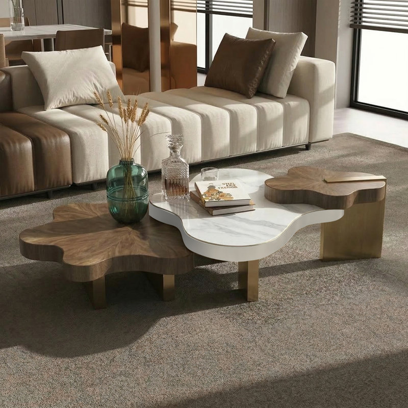 Modern 3-Piece Nesting Coffee Table Set - Mixed Brown Wood Grain & White Stone Top, Stainless Steel Base