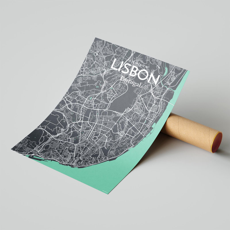 Carte de la ville de Lisbonne au Portugal - ensemble d'imprimés non encadrés, H 24 po x l 18 po, Vert / gris