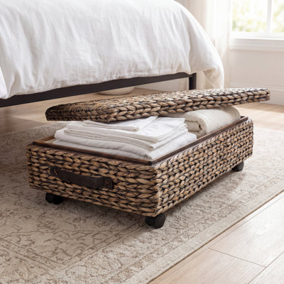 Chett 26.38" Minimalist Hand-Woven Hyacinth/Wood Underbed Storage Bin with Wheels and Handles